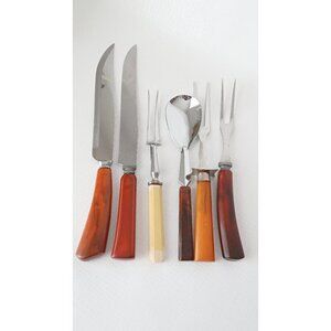 Vintage 6 Bakelite Utensils Meat Forks Carving Knife Spoon Knife Large Spoon Lot